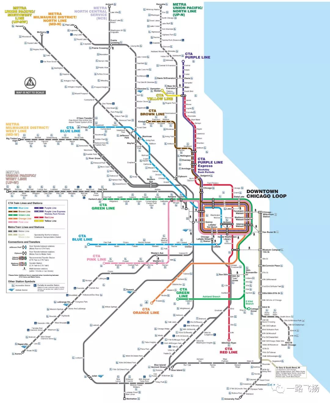 芝加哥奥黑尔国际机场距离芝加哥市中心约25公里,地铁蓝线(blue line