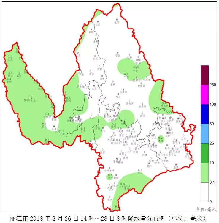 昨下午到今晨玉龙县中西部及其它地区局部降阵雨雪