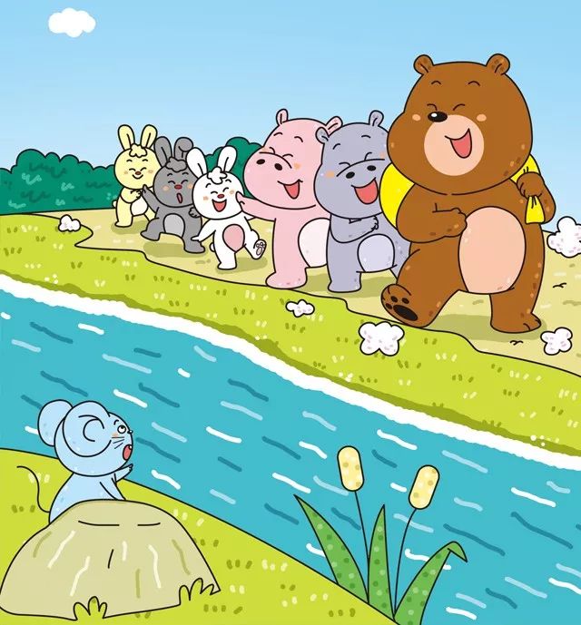 第二天,小老鼠来到河边一看,哈,队伍变长了,大熊后面跟着两只河马和三