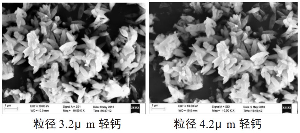 ▼图3 不同粒径轻钙扫描电镜放大10000倍照片
