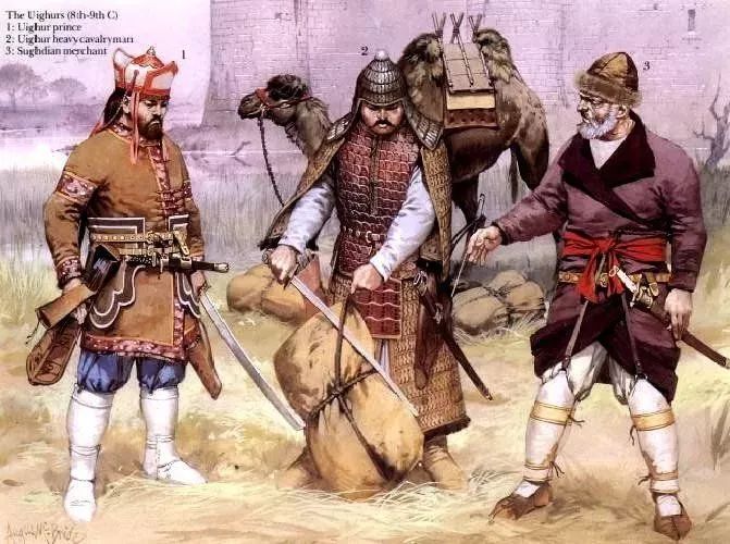回鹘王子(左)和回鹘)士兵(中)正在检查粟特商人(右)的货物