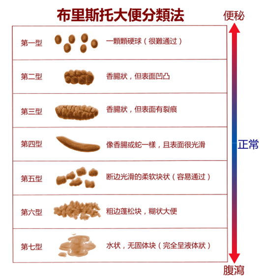 下面,我们通过这个 「布里斯托大便形状分类法」来对照一下,你们的