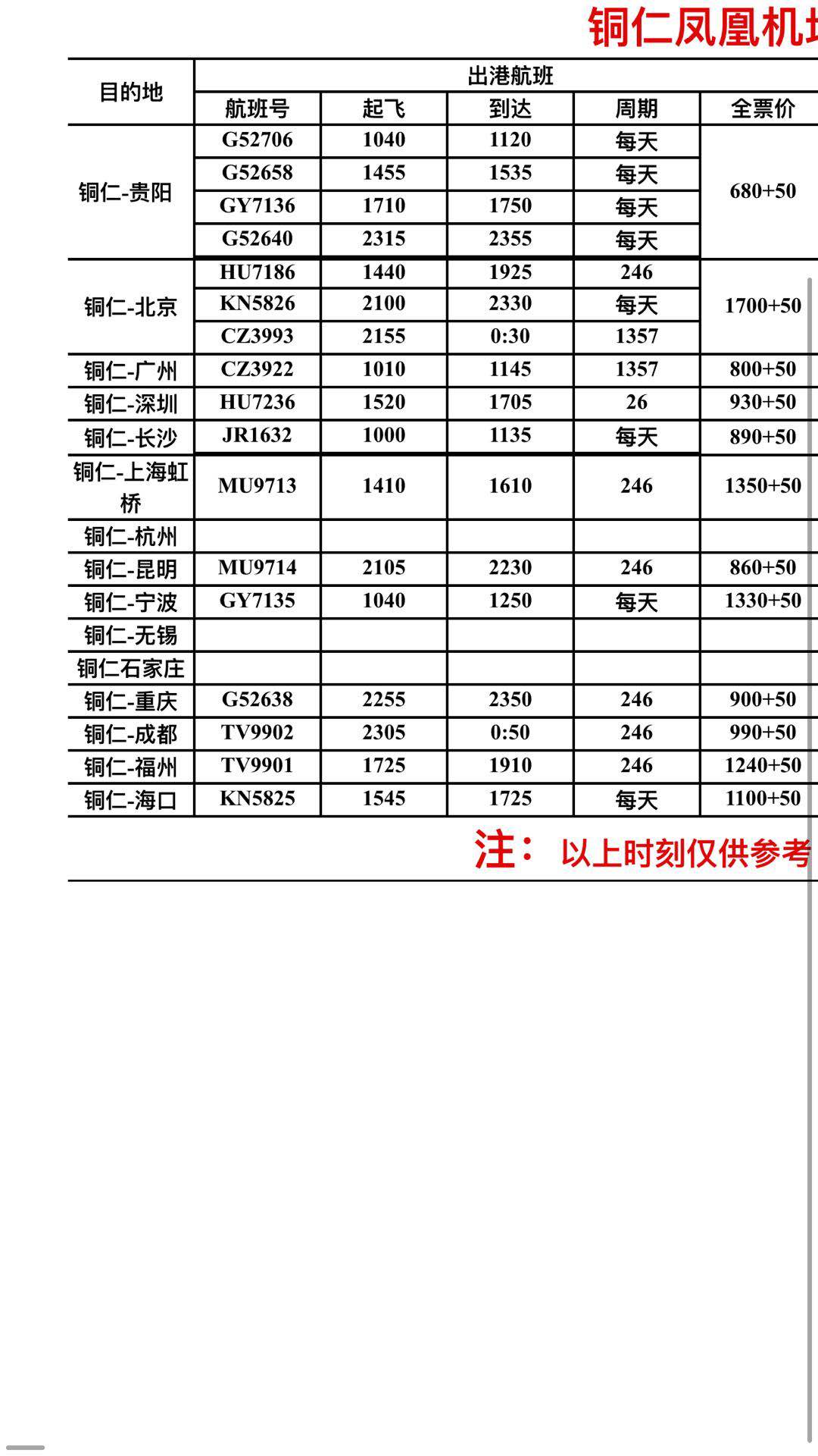 旅程旅游请您参考(2018年3月25-10月25日)张家界,铜仁航班时刻表