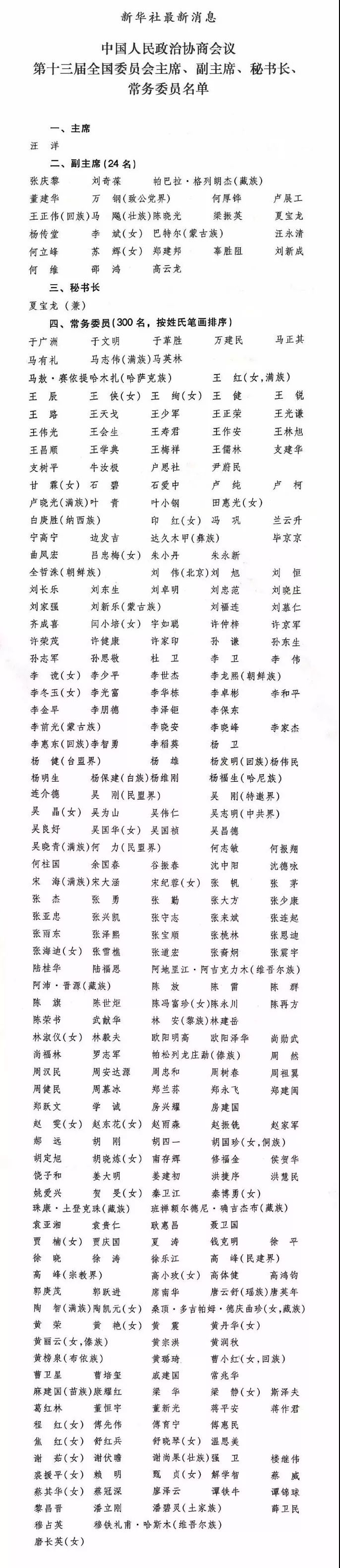 十三届全国政协主席,副主席,秘书长,常务委员名单