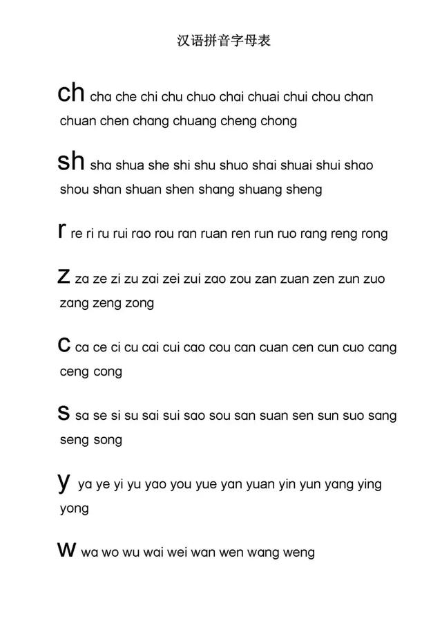 教育汉语拼音字母表及全音节表(打印版)
