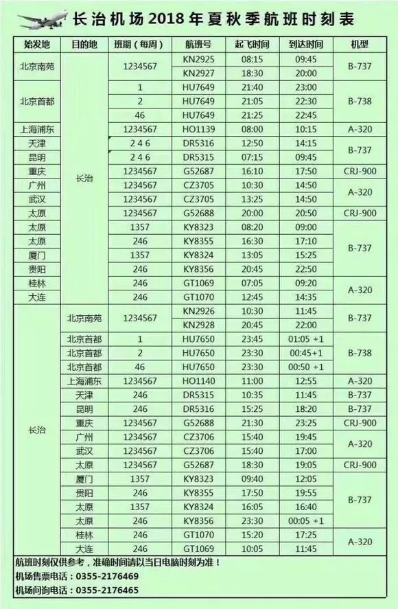 长治机场新增三条航线,3月25日执行2018夏秋航班时刻表