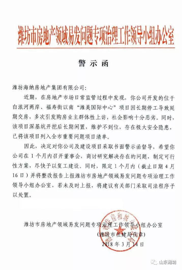 潍坊市房地产发出警示函,潍美国际中心长期停工遭警示