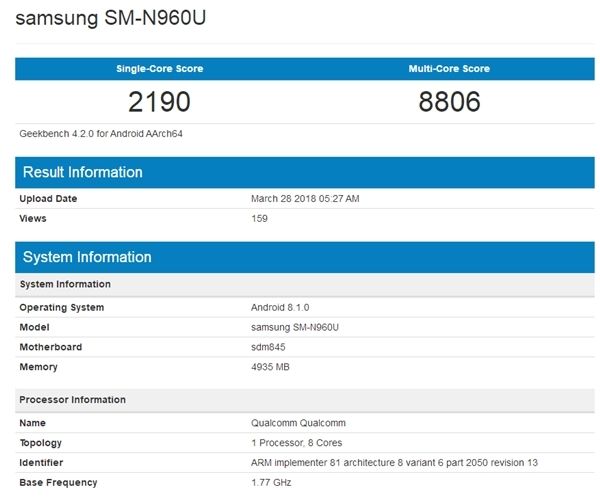 骁龙845 安卓8.1:三星galaxy note9现身geekbench