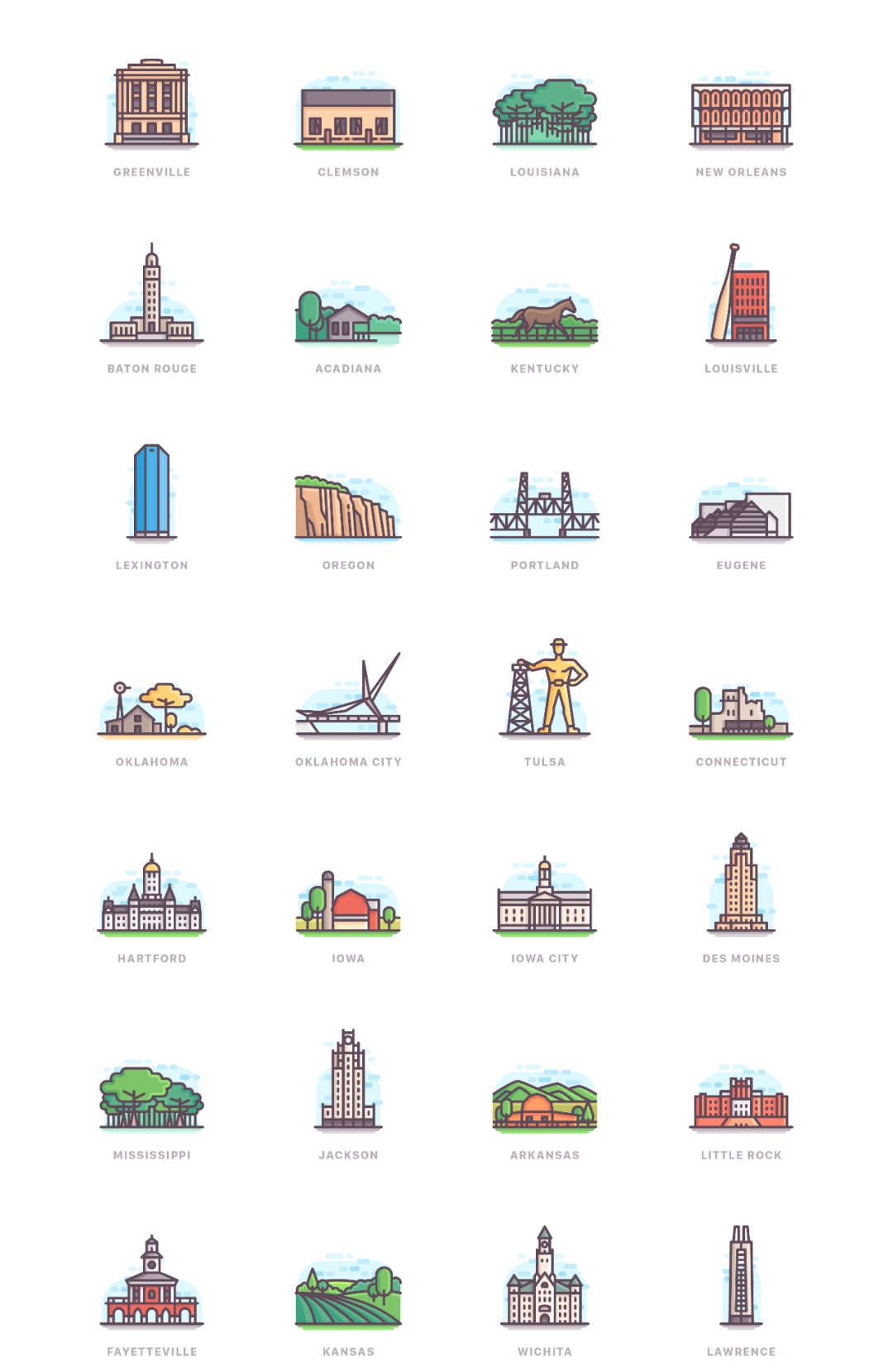332个插画风格的城市代表性建筑图标