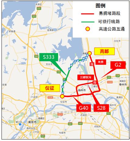 图13 g2京沪高速高邮 s28启扬高速,g40沪陕高速扬州绕城段绕行线路