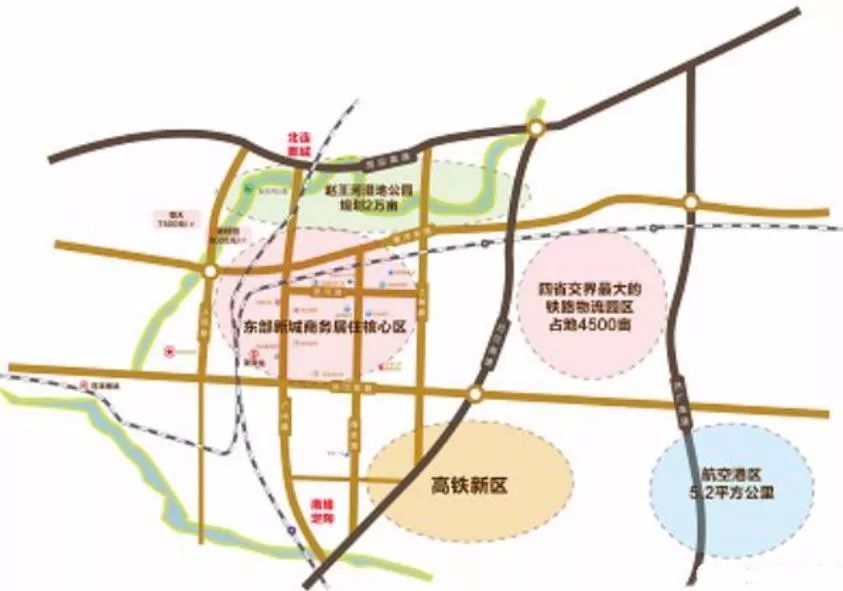 在东部新城道路规划图上,桂林路,广州路北延;长城路,北外环改造后,与