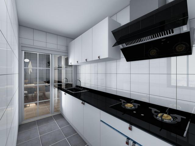 厨房里面的整体橱柜让空间整洁有度,一字长条形的厨房也是十分的便利.