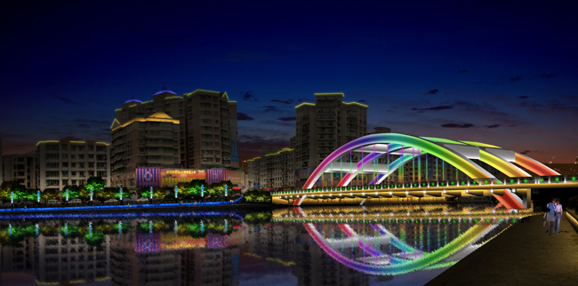 桥梁夜景照明设计应该先保证桥面的交通照明然后是桥体的景观照明,以