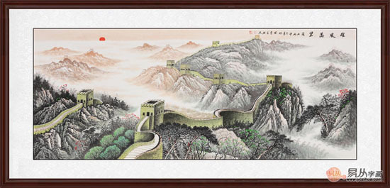这幅国画长城《雄风万里》是一幅非常大气的作品,青葱的长城山水画更