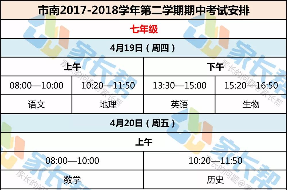 市南区七年级2017 2018第二学期期中考试安排（附往年期中考试题） 8974