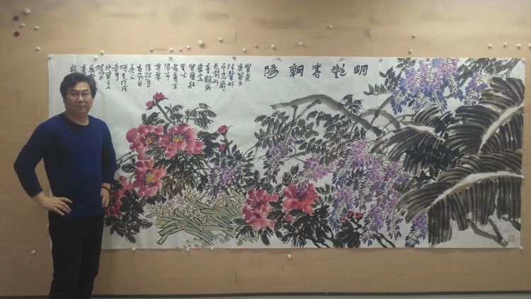 明艳夺朝阳, 作品尺寸144cmx367cm李晓军 中国国家画院研究员.