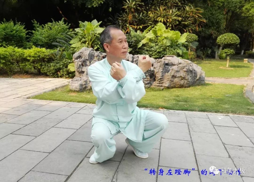 在杨氏太极拳115式大架中"29式海底针,43式转身左蹬脚"55式转身右