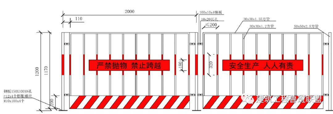 底部设200mm高红白相间挡脚板