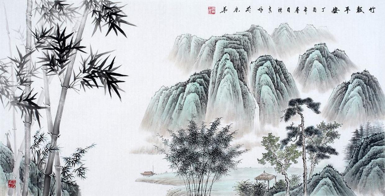 山水马良—刘海青最新力作竹子山水画《竹报平安》作品来源:易从网