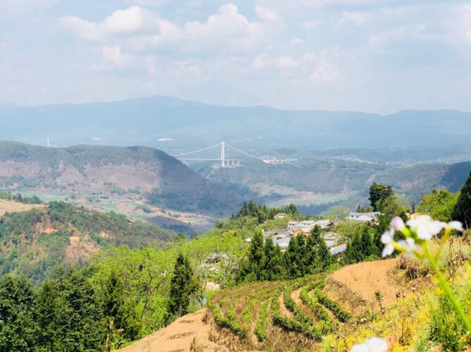 从腾冲市五合乡马蹄寨村远眺亚洲山区跨径最大的钢箱梁悬索桥龙江大桥