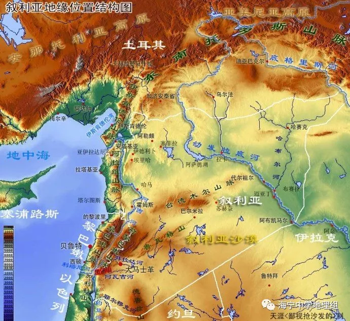 (2)地形叙利亚位于亚洲大陆西部,地中海东岸,总面积为185180平方公里