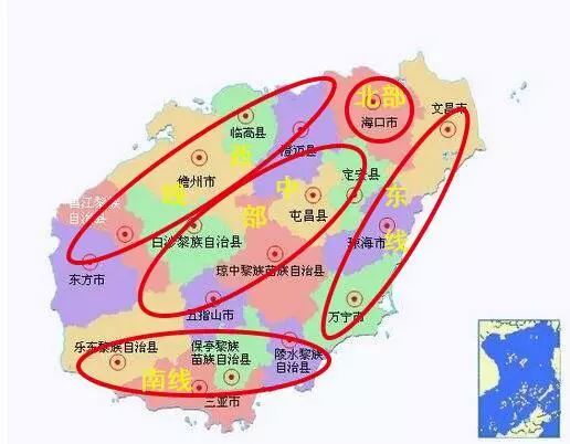 陵水,乐东,保亭; 东线:文昌,琼海,万宁; 西线:东方,昌江,儋州,临高