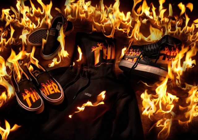 将《thrasher》标志性的火焰 logo 及 vans 棋盘图案赋予鞋面之中