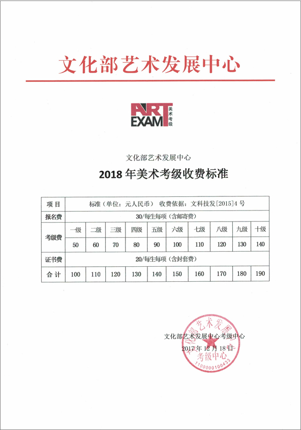 秦皇岛书法,美术考级2018年考级收费标准文件公示
