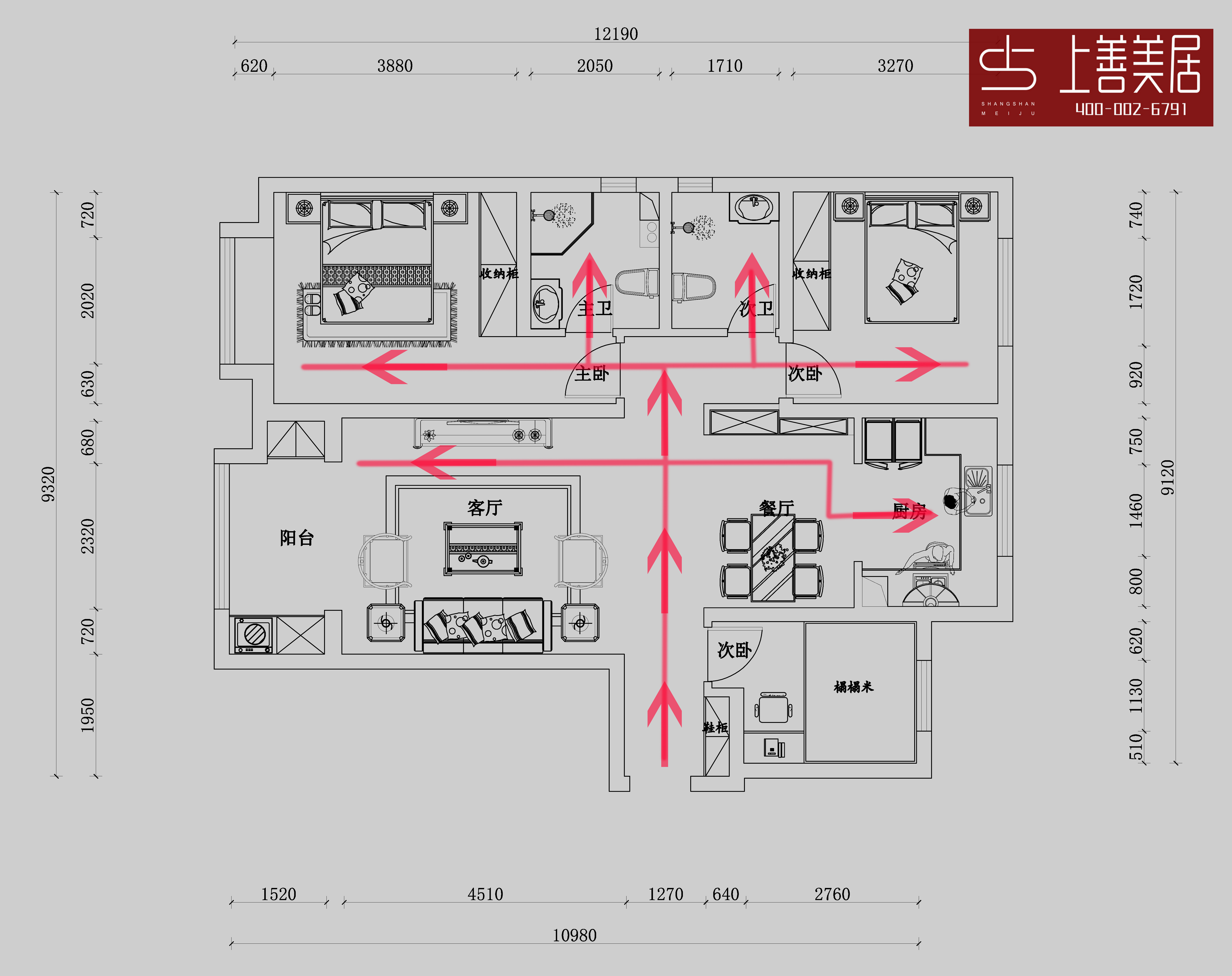 动静线图分析:户型整体比较规整,从入户门到各个空间都很方便.