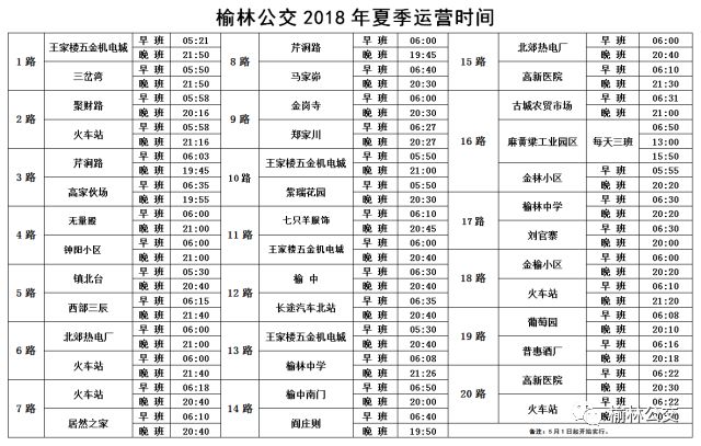 榆林市公共交通总公司于5月1日起调整公交车运营时间