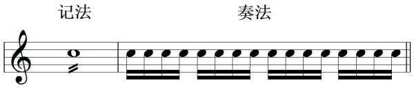 (7)震音记号,斜线表示震音的速度,一根表示八分音符,两根表示十六分