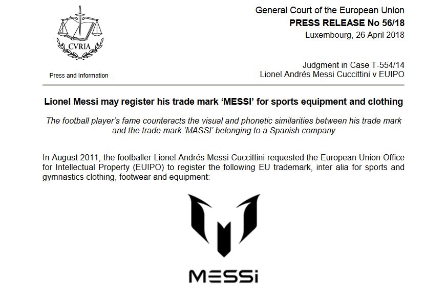 足球巨星梅西终于可以用自己名字注册品牌商标