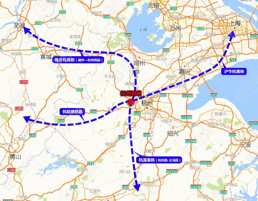 近期规划实施商合杭铁路杭州至湖州段,杭州西站至杭黄铁路连接线,沪乍