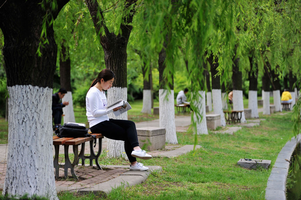 5月7日,山东科技大学校园,大学生们在墨水河畔读书.