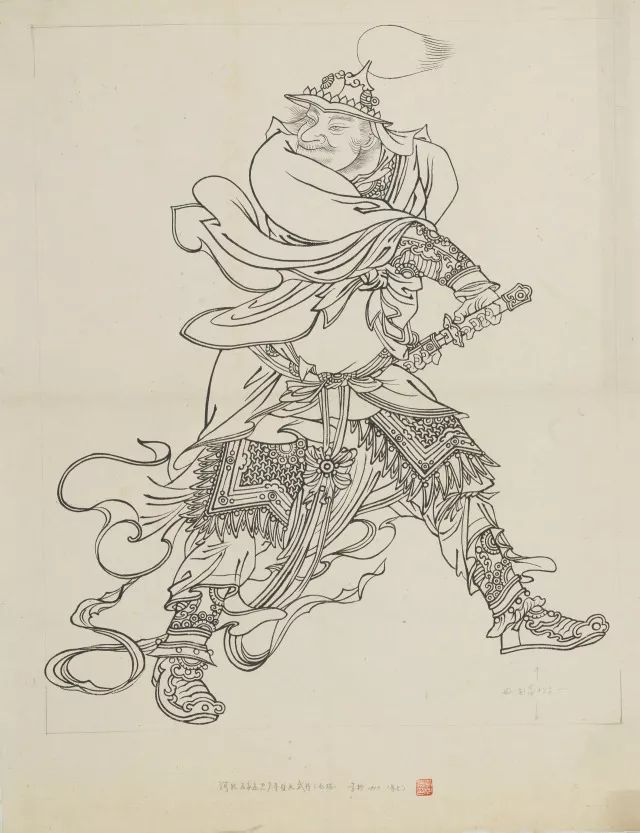 河北石家庄昆卢寺壁画武将 李松 白描 1959年 109cm×86cm摹敦煌壁画