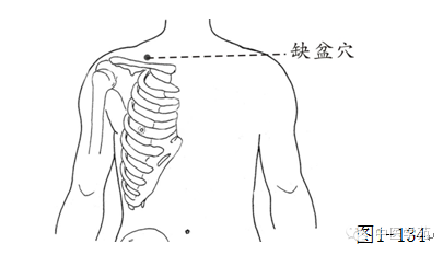 4)拇指从胸部锁骨头经缺盆穴推向肩部49次.