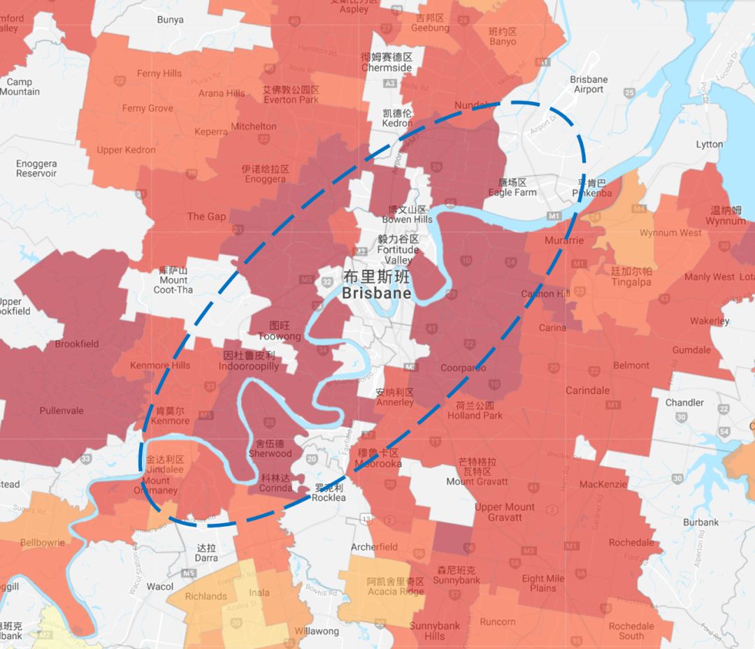 我们可以看到,颜色最深的区域基本还是集中在布里斯班河的沿岸两侧.