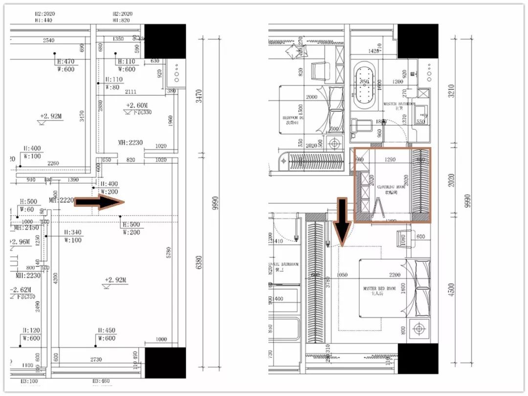 主卧室在原始结构上改动了进门的方向,原本从衣帽间进门变成直接进入