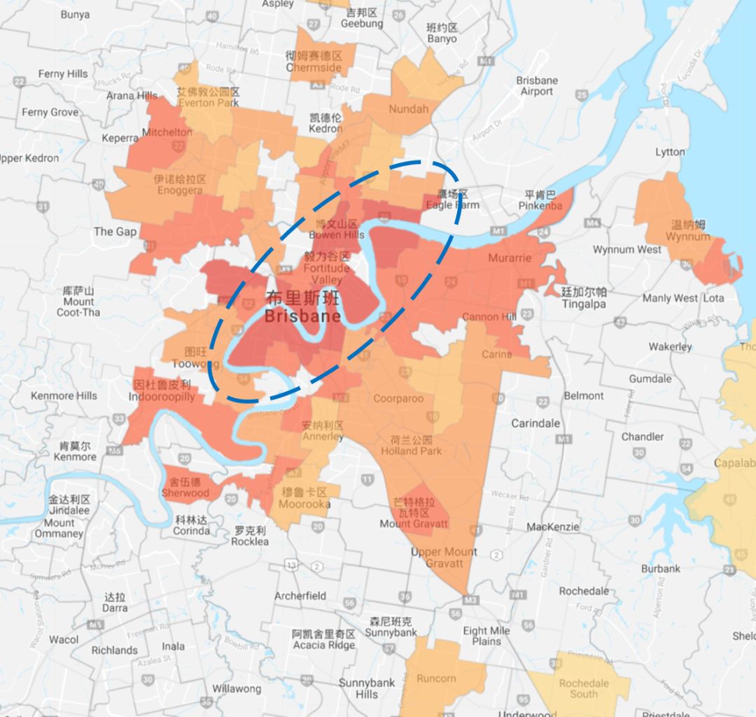 我们可以看到,颜色最深的区域基本集中在布里斯班河的沿岸两侧,以及