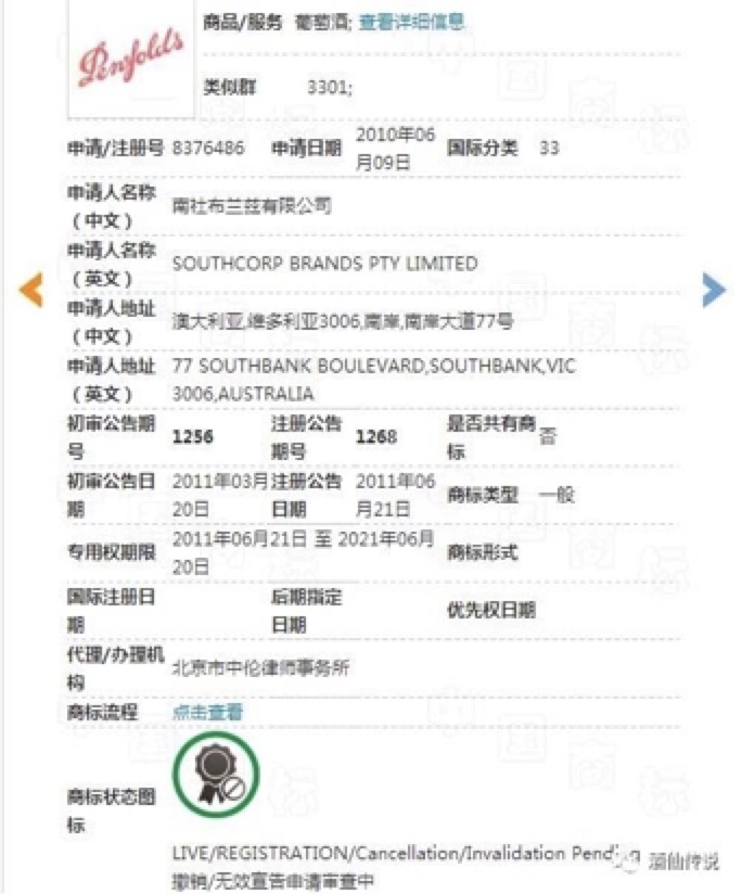 据最新消息,其在中国国家商标局注册的penfolds英文商标,正在遭遇"