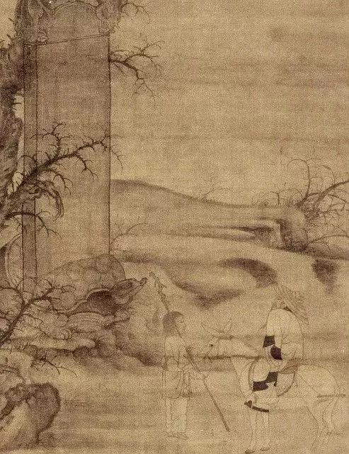 《读碑窠石图》为双拼绢绘制的大幅山水画,表现冬日田野上,一位骑骡的