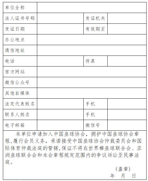 中国垒球协会单位会员入会申请表