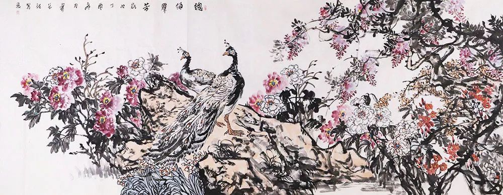 中国美协会员 栾长征 丈二花鸟画 总领群芳 362*144cm