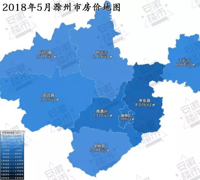 滁州市 其中,房价最高的是来安县8076元/㎡, 最低的是明光县5426元