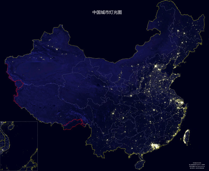再来看中国的情况,夜间活动的多少是这个地区经济活跃度及城市人口