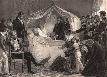 1821年5月5日傍晚,躺在床上奄奄一息的拿破仑在众人的注视下去世了.