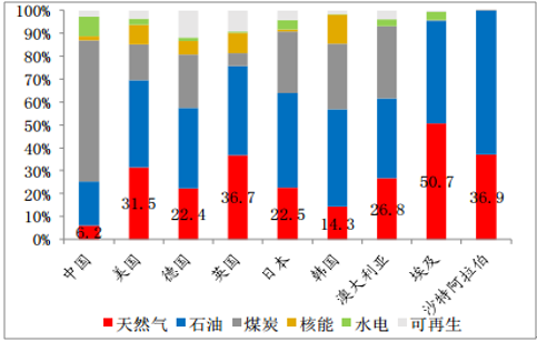 2016 年各主要国家一次能源消费结构