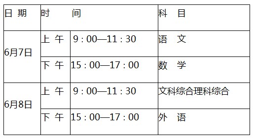 高考时间安排表