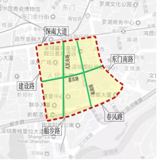 由新洲路(不含)-红荔路(不含)-彩田路(不含)-滨河大道(不含)合围区域