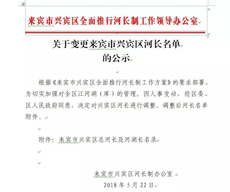 【公告】关于变更来宾市兴宾区河长名单的公示